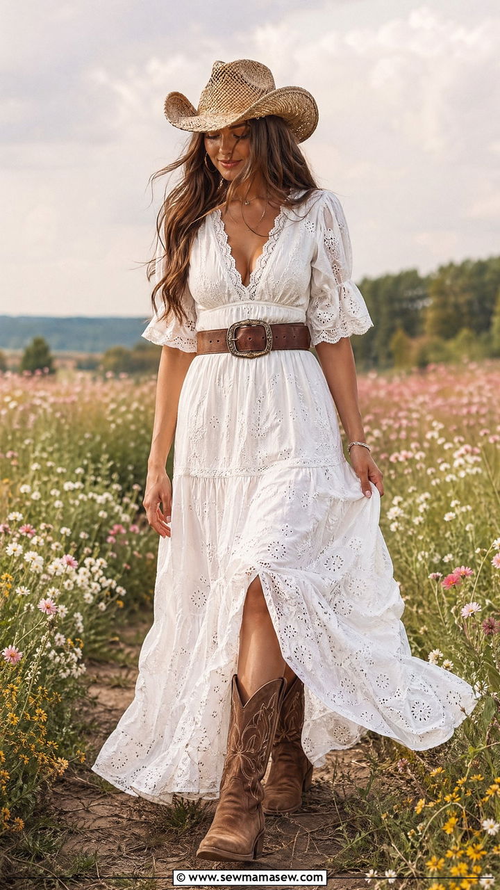 Prairie Maxi Dress With Cowgirl Boots - 35 Cowgirl outfit ideas