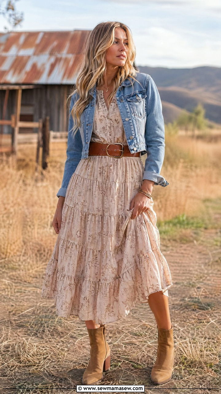 Prairie Midi Dress With Ankle Boots and a Denim Jacket - 35 what to wear to a concert