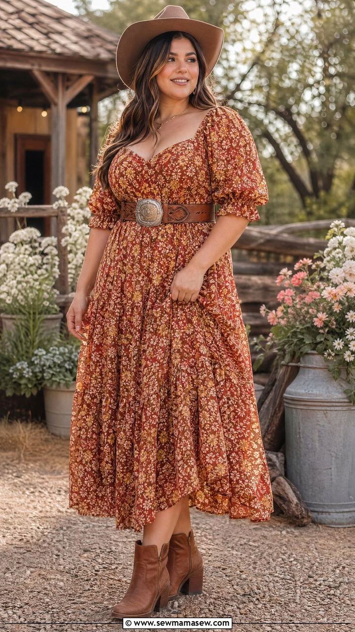 Prairie Midi Dress With Tooled Leather Belt - 35 western outfit ideas for women