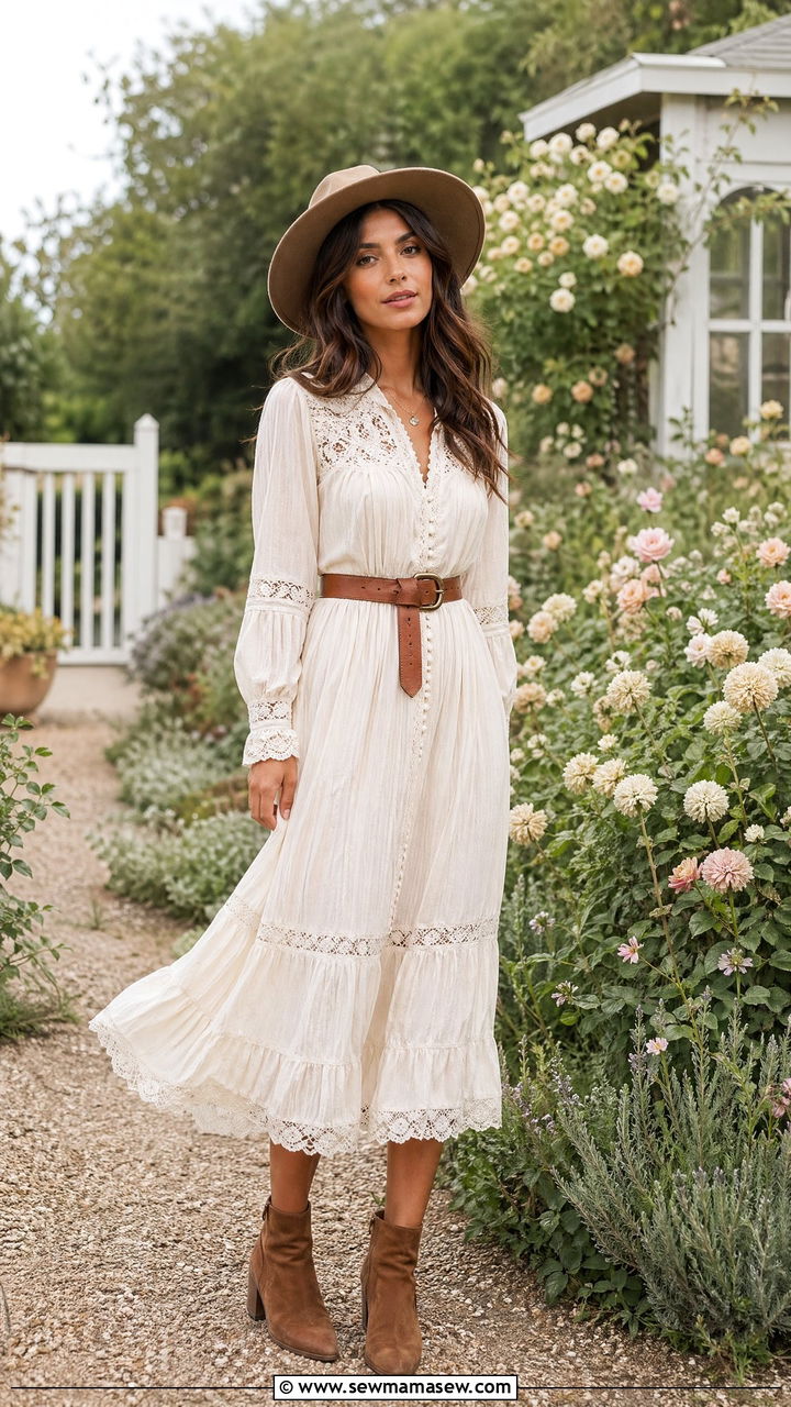 Prairie Midi Dress with Ankle Boots and Wide Brim Hat - 35 Western chic outfit ideas