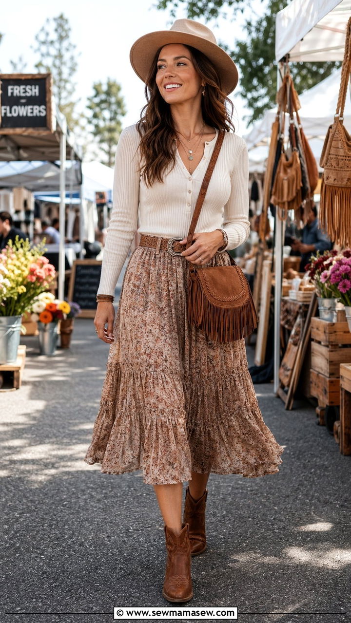 Prairie Skirt With Fitted Knit Top - 30 western capsule wardrobe outfits