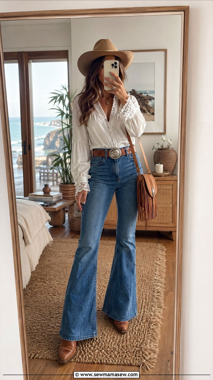 Prairie blouse and denim bell bottoms with wooden heel boots - 35 Coastal cowgirl outfit ideas summer