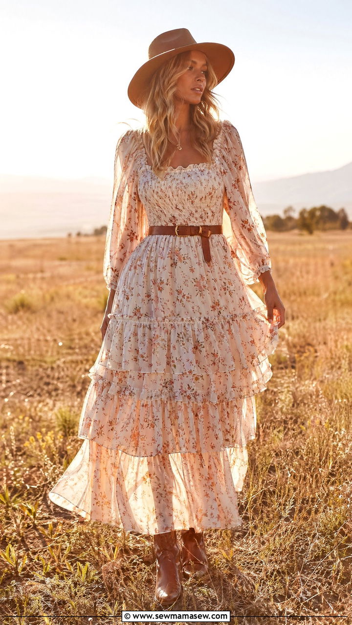 Prairie maxi dress with western ankle boots - 35 Stagecoach outfit ideas