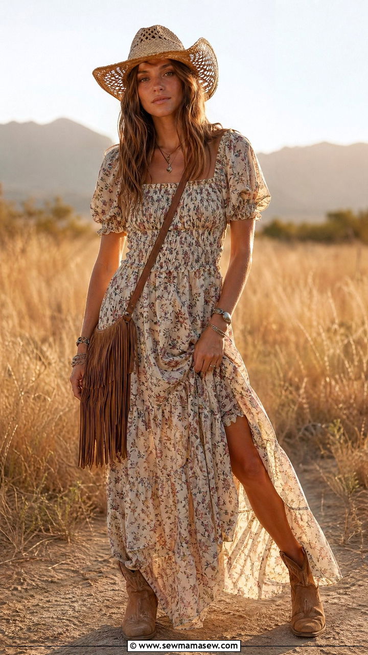 Prairie maxi dress with western booties and hat - 35 Coachella outfits ideas
