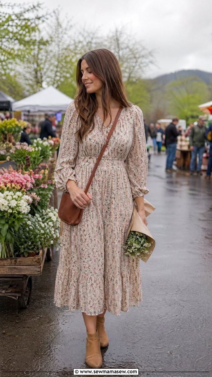 Prairie style floral midi dress with flat ankle boots spring farmers market outfit - 35 spring farmers market outfit ideas