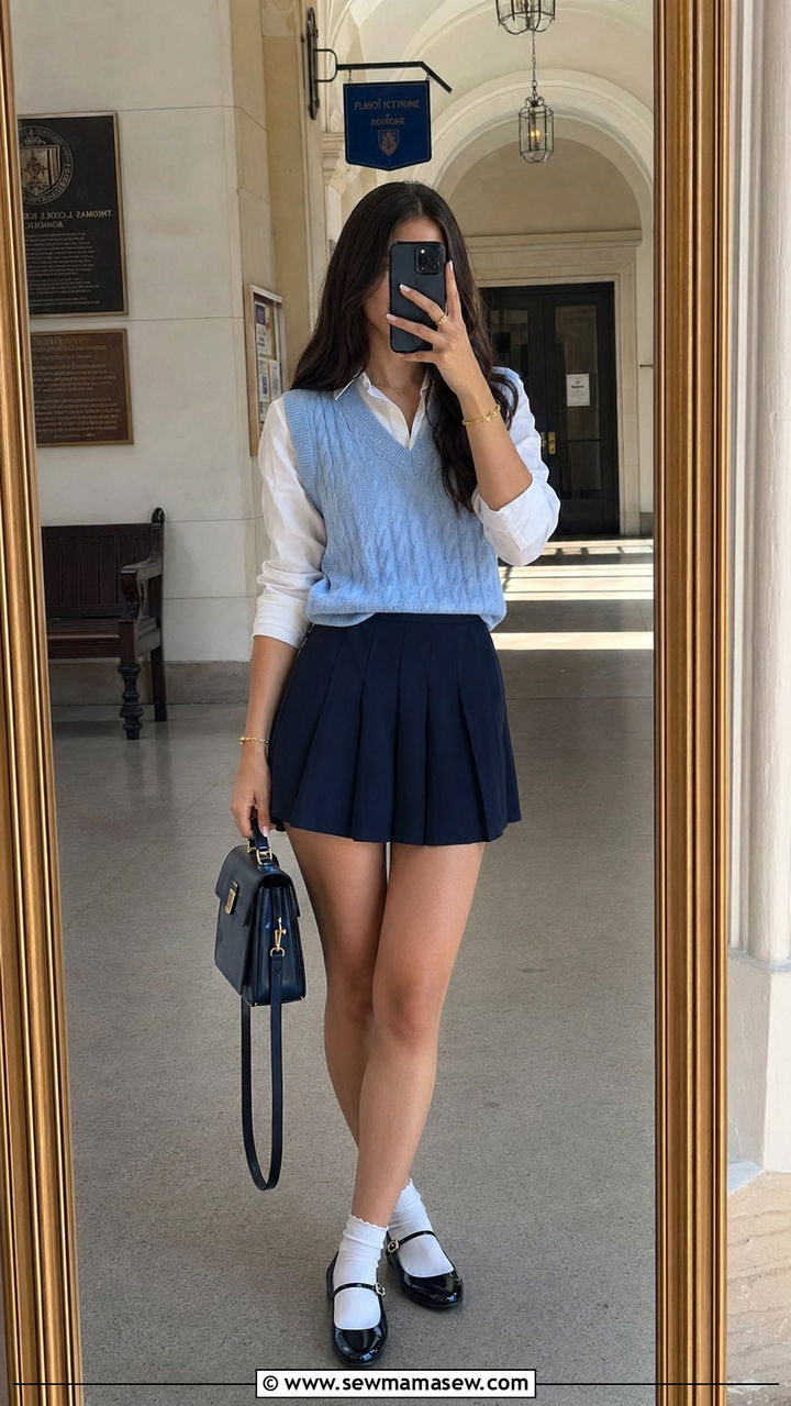 Preppy Sweater Vest and Pleated Skirt - 30 Aesthetic spring outfits