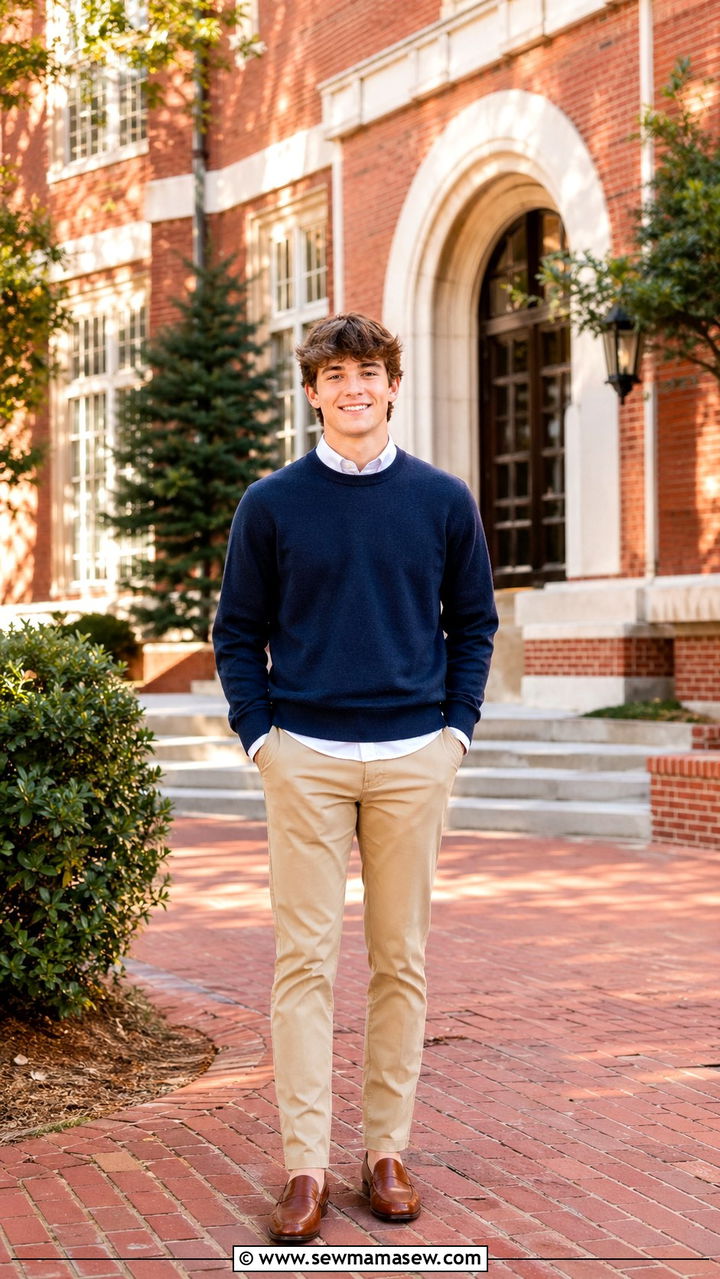 Preppy sweater and chinos for senior portraits - 30 Senior photoshoot outfit ideas