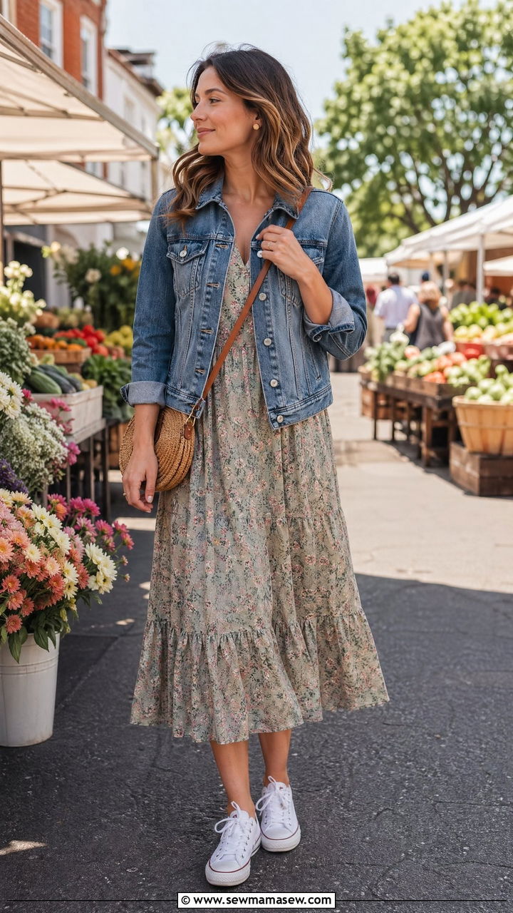Print Midi Dress and Denim Jacket Outfit - 35 transitional classy outfit ideas