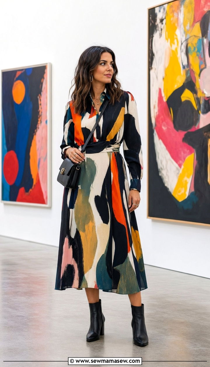 Print dress and ankle boots - 35 Museum visit outfit ideas