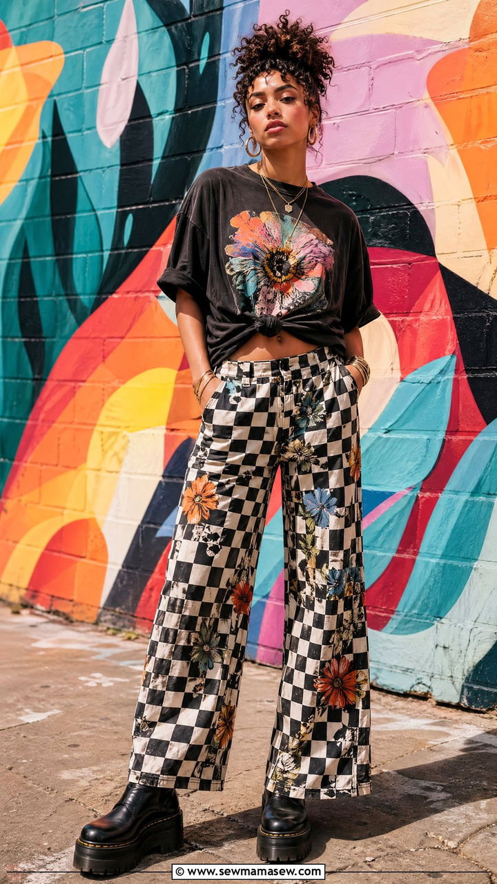 Print on Print With Checkered Wide Leg Pants - 35 Streetwear outfit ideas