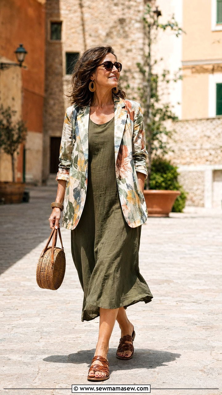 Printed Blazer With Solid Colored Midi Dress And Woven Accessories - 30 Best blazers for women over 40