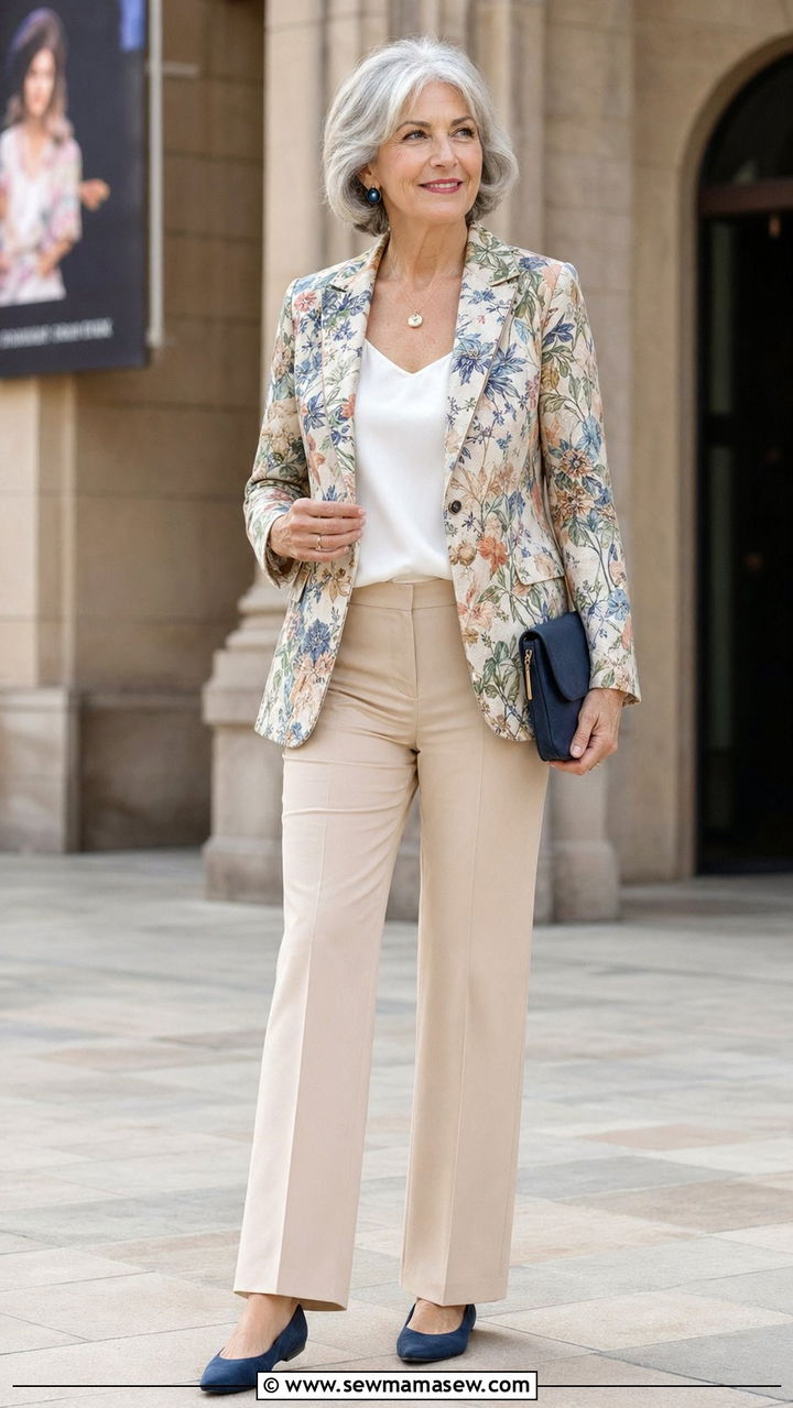 Printed Blazer with Neutral Separates Outfit - 30 Best blazers for women over 60