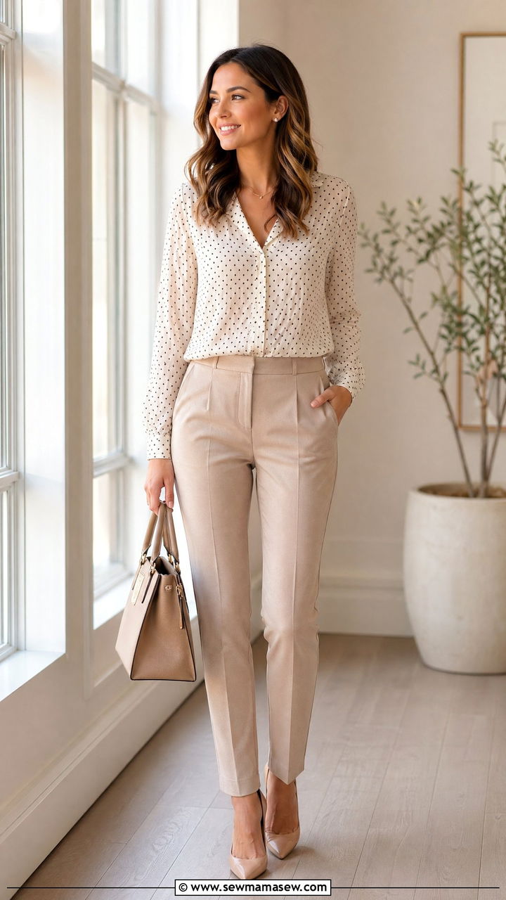 Printed Blouse With Solid Neutral Trousers - 35 Spring job interview outfits