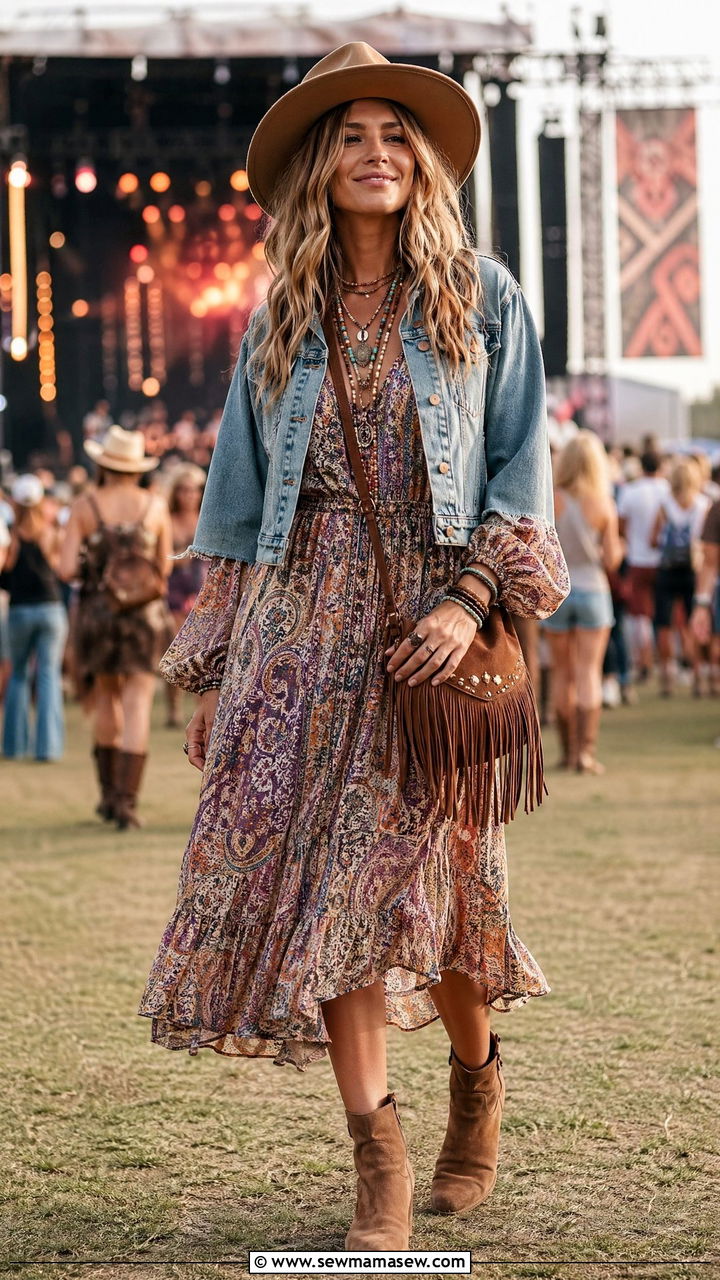 Printed Boho Midi Dress With Boots Outdoor Concert Outfit - 35 Summer outdoor outfits