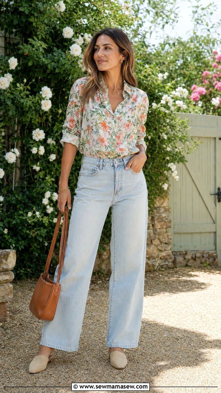 Printed Button Down with Light Wash Baggy Jeans and Mules - 30 Baggy jeans outfit ideas with a button down