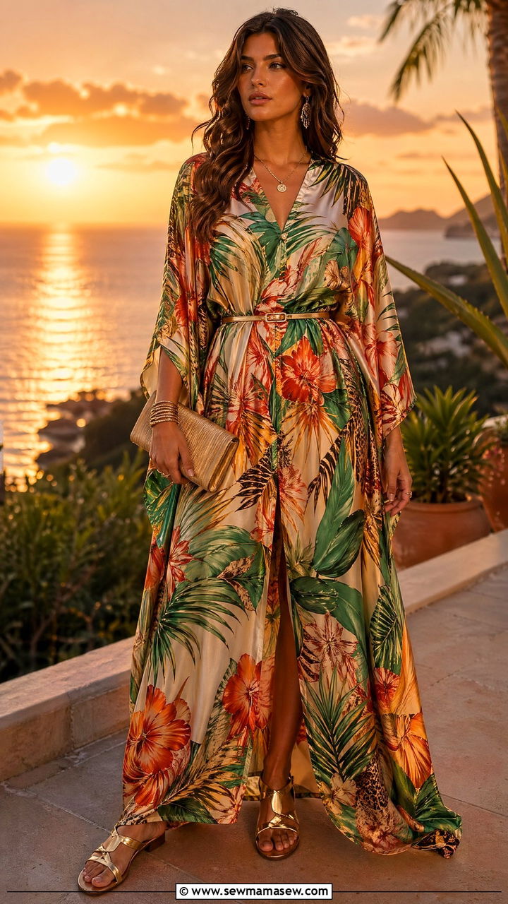 Printed Caftan With Metallic Sandals - 35 vacation outfits 2026