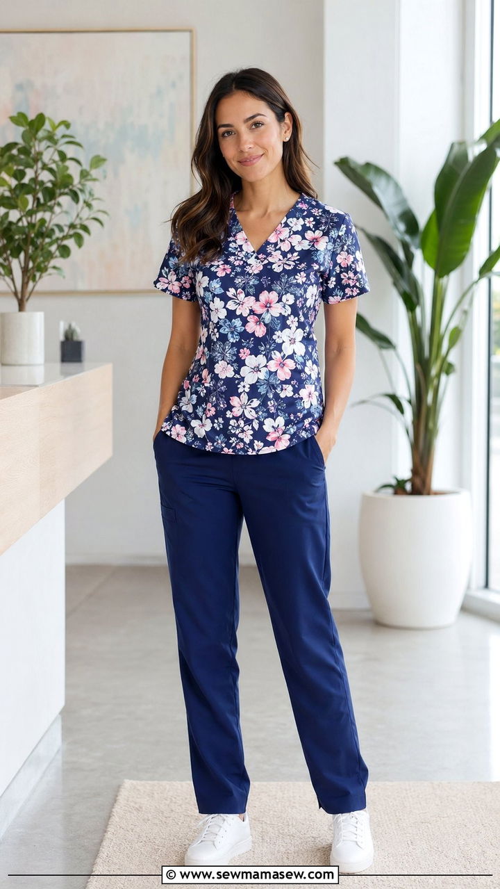 Printed Floral Scrub Top with Solid Pants - 35 Scrubs outfit ideas