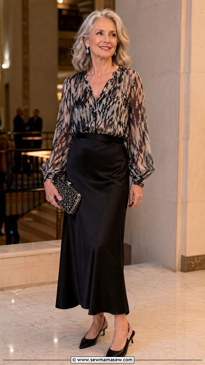 Printed Georgette Blouse With a Black Satin Bias Cut Skirt - 35 Skirt outfit ideas for women over 60