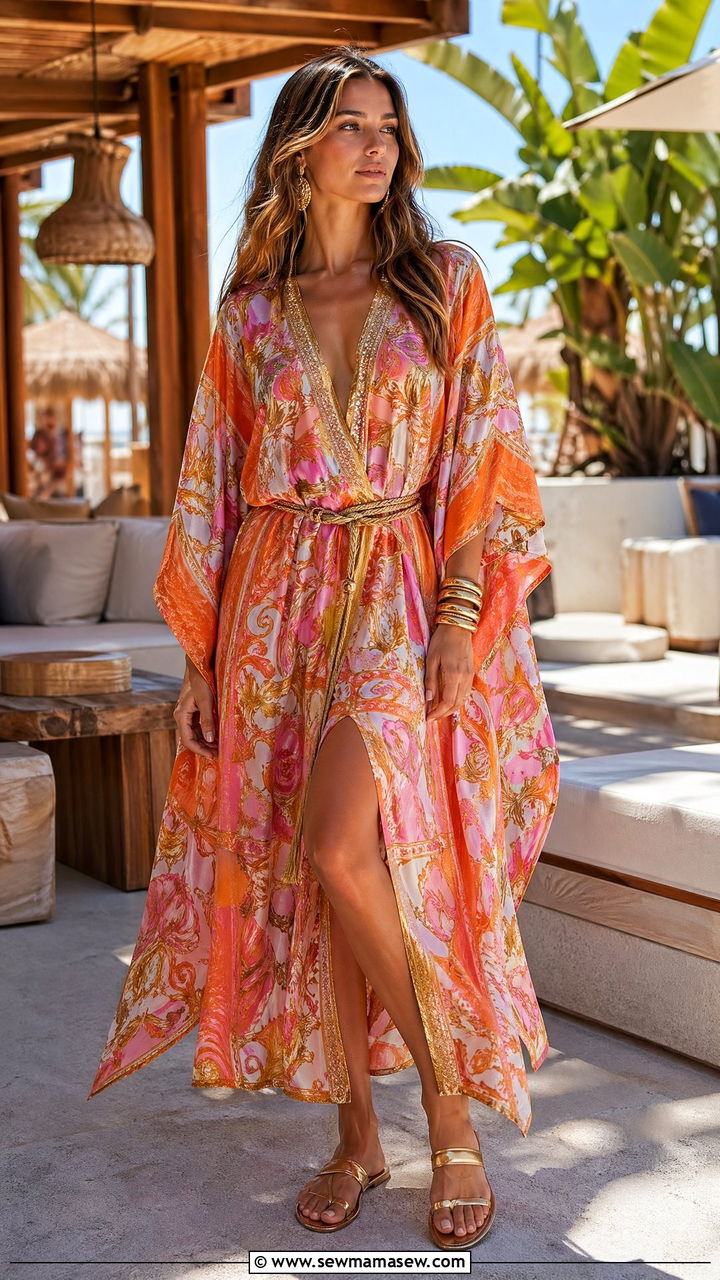Printed Kaftan Cover Up Dress With Gold Jewelry - 35 Cover up dress outfit ideas