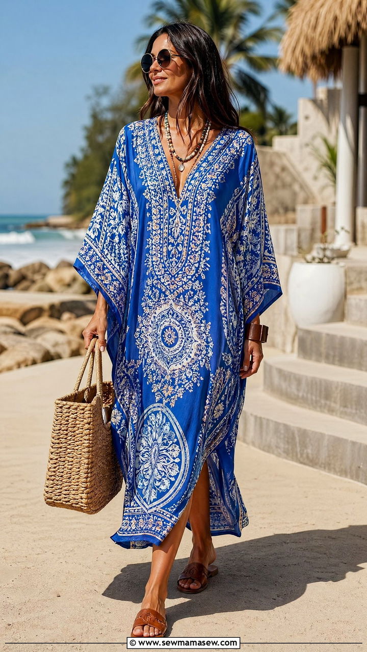 Printed Kaftan With Flat Sandals And Straw Tote Summer Outfit - 35 Summer outfit essentials 2026