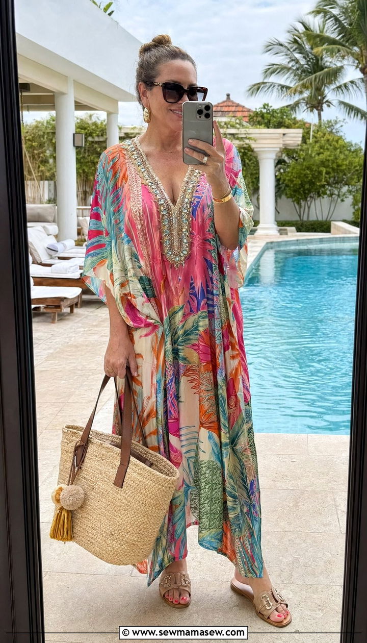 Printed Kaftan With Slide Sandals - 30 Beach vacation outfits for women over 40