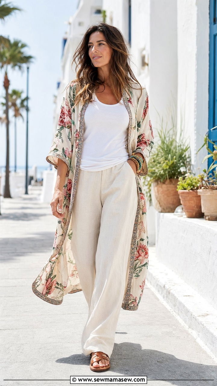 Printed Kimono And Tank Top With Wide Leg Linen Pants - 30 Wide leg linen pants outfit ideas for summer