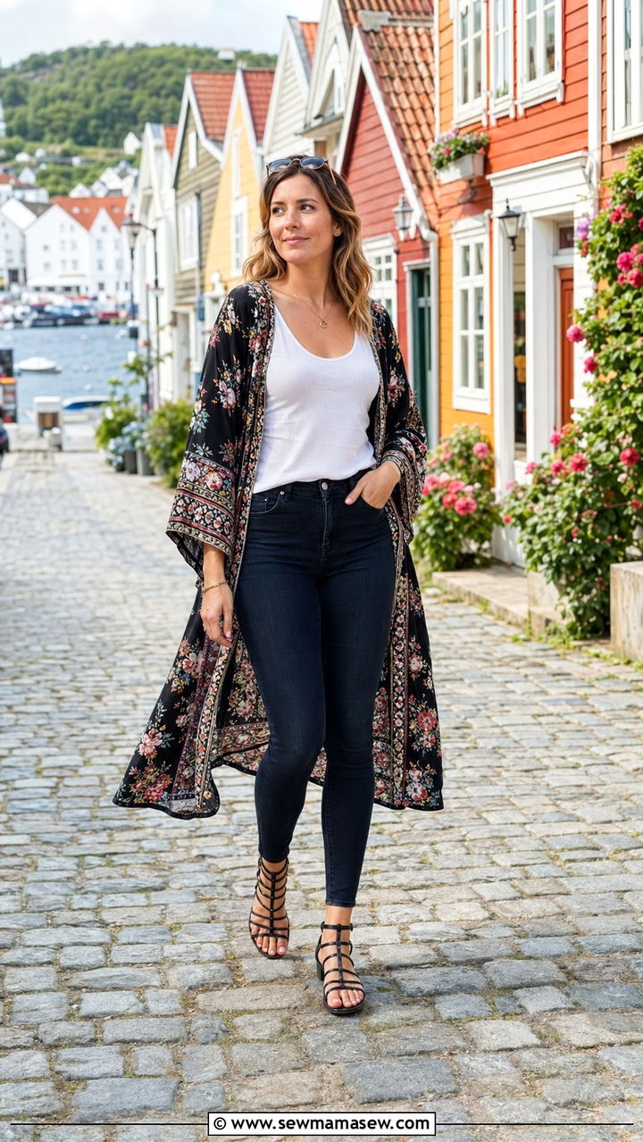 Printed Kimono Over Tank And Skinny Jeans - 35 Norwegian cruise outfit ideas