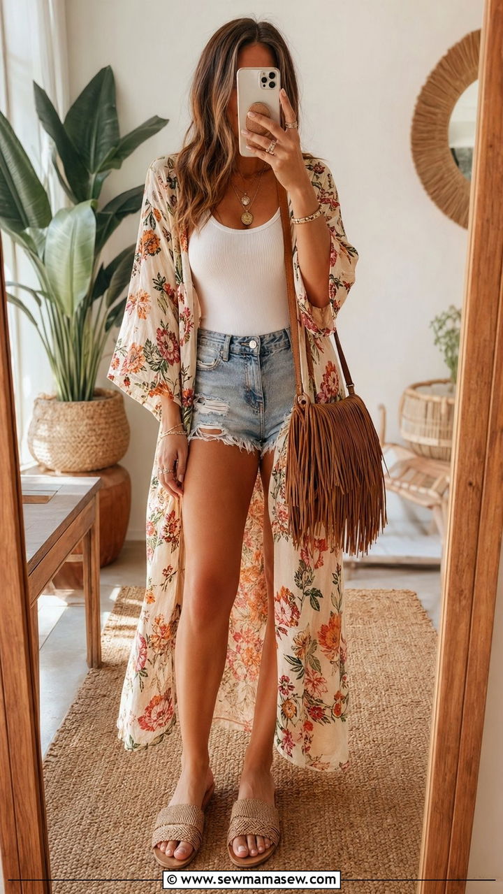 Printed Kimono Over Tank Top and Denim Cutoffs - 30 What to wear to a spring festival