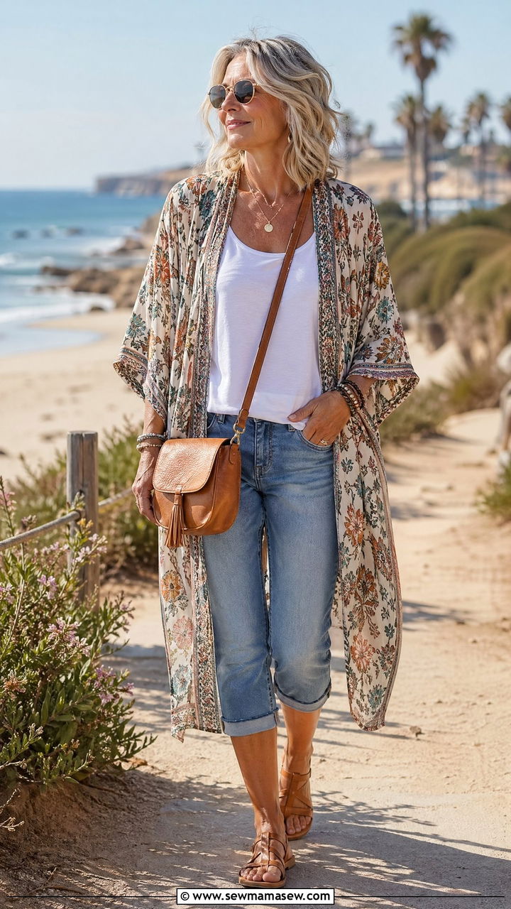 Printed Kimono Over White Tank And Denim Capris - 35 Summer outfits for women over 50
