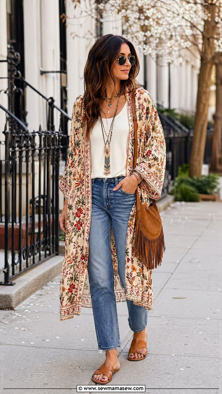 Printed Kimono with Tank and Straight Jeans - 35 spring boho chic outfits