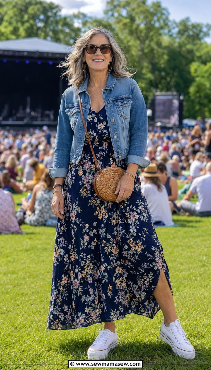 Printed Maxi Dress And Denim Jacket Aging Gracefully Outfit - 30 Aging gracefully outfit ideas