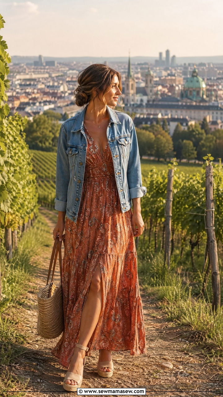 Printed Maxi Dress With Denim Jacket And Comfortable Wedges - 35 Vienna outfit ideas