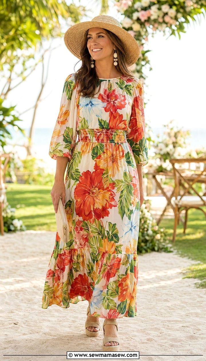 Printed Maxi Dress with Wedge Sandals for Rectangle Body - 30 wedding guest outfits for rectangle body shape