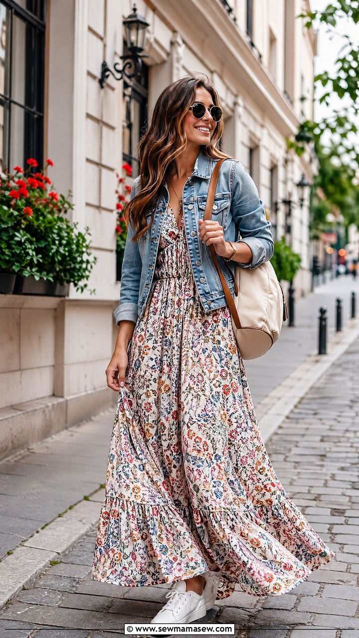 Printed Maxi Dress with a Cropped Denim Jacket and White Sneakers - 35 Summer outfits with maxi dresses