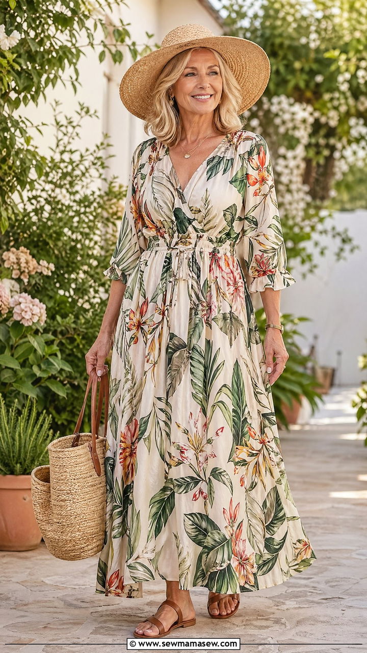 Printed Maxi Dress with a Straw Hat and Flat Sandals - 35 summer outfit ideas for women over 50
