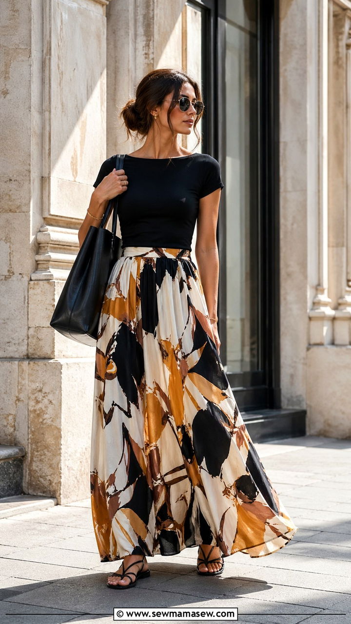Printed Maxi Skirt With Strappy Sandals - 30 spring maxi skirt outfit ideas