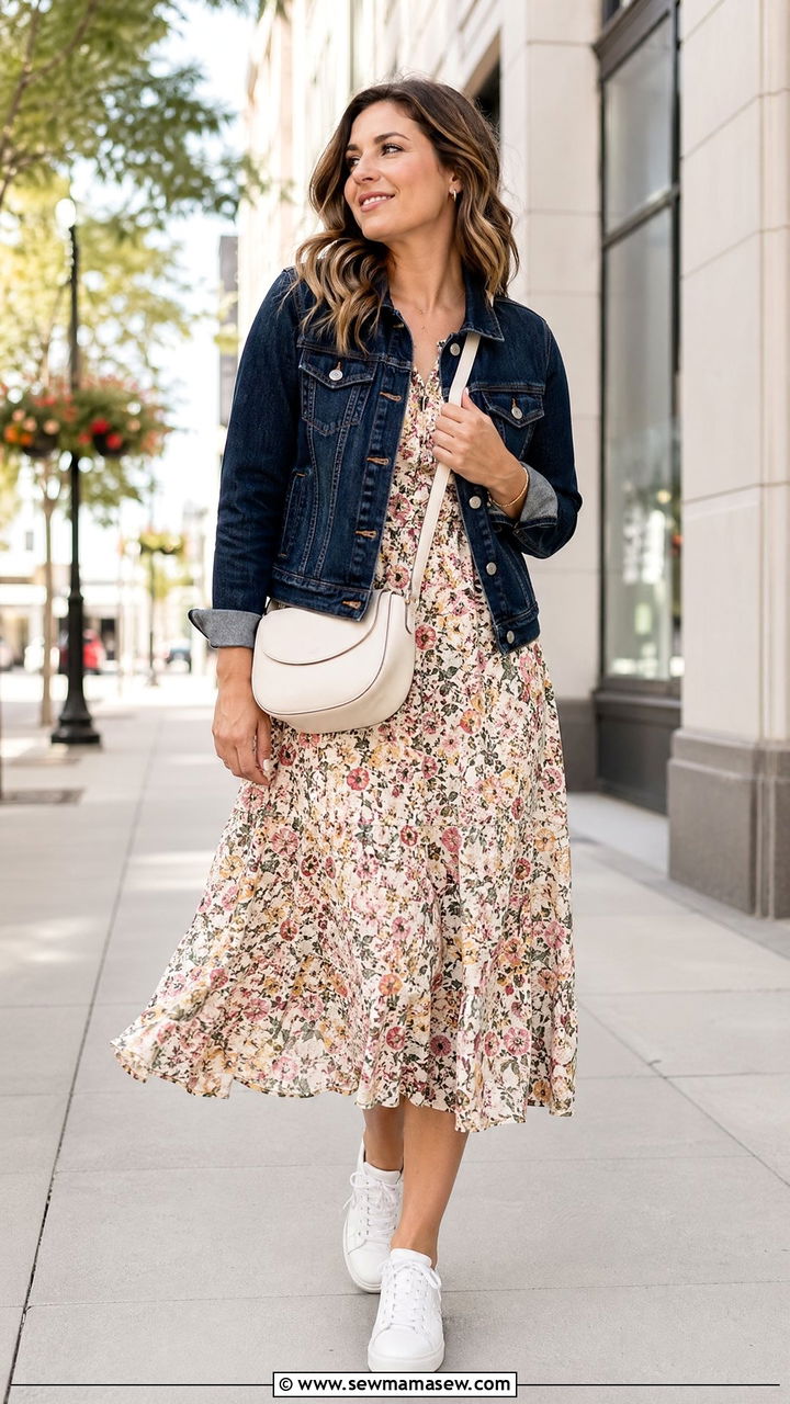 Printed Midi Dress With A Denim Jacket - 35 Conference outfit ideas