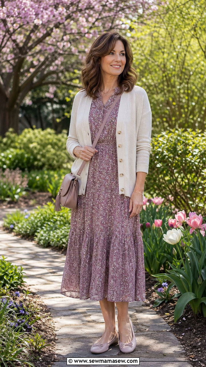 Printed Midi Dress With Cardigan Layer Outfit - 35 Modest outfits for women over 40