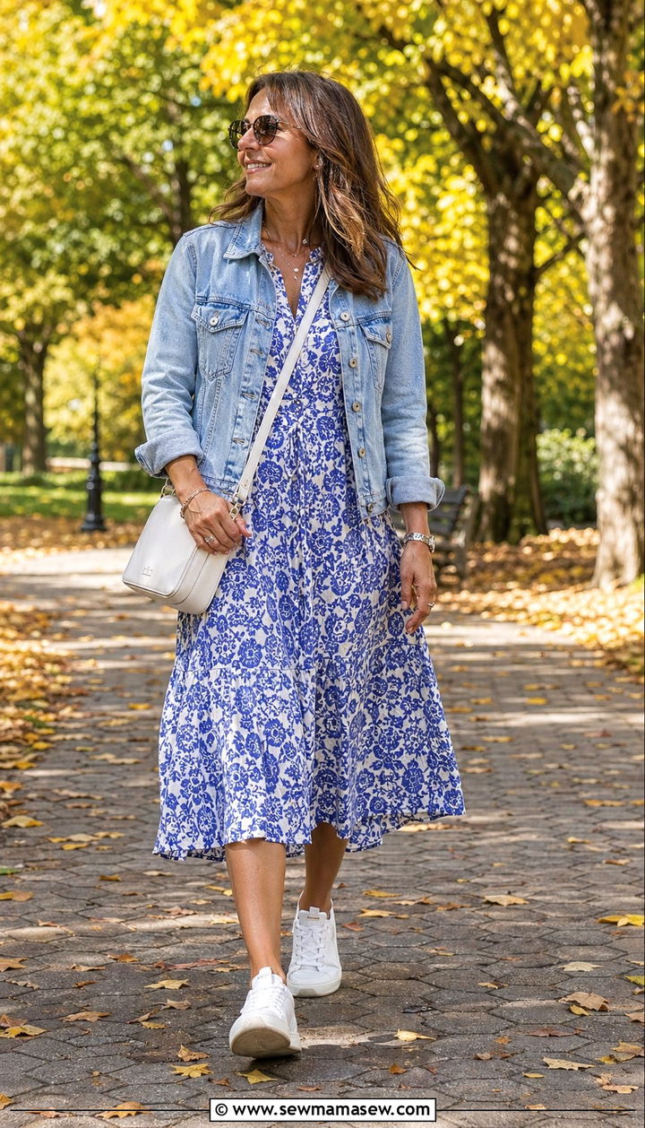 Printed Midi Dress With Denim Jacket and Sneakers for Women Over 40 - 30 Best dresses for women over 40