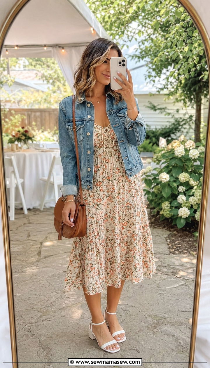Printed Midi Dress With Denim Jacket - 30 Backyard wedding guest outfit ideas