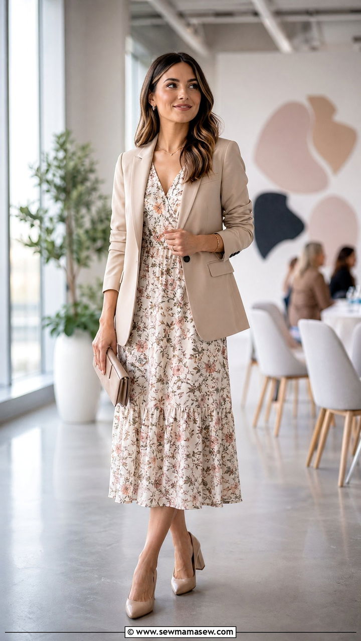 Printed Midi Dress With Neutral Blazer - 35 Work conference outfit ideas