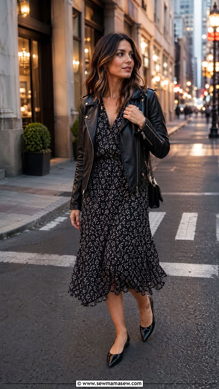 Printed Midi Dress With a Leather Jacket and Flats - 35 transitional outfit ideas for women