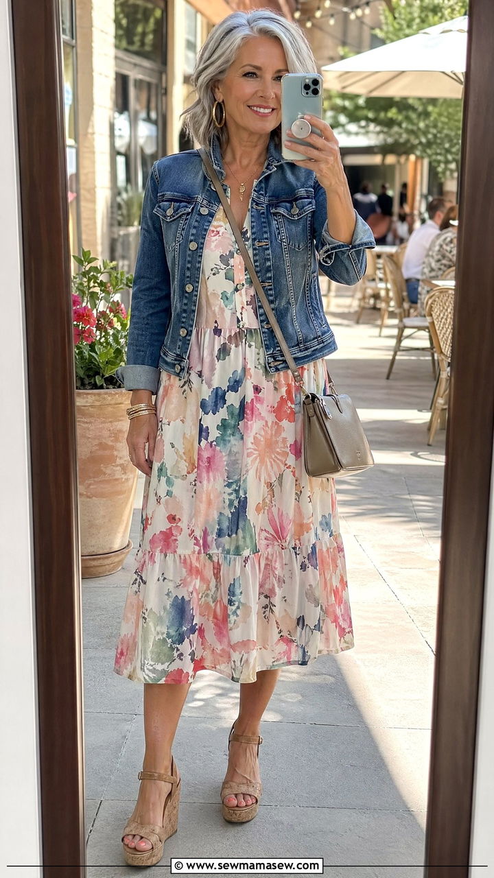 Printed Midi Dress with Denim Jacket and Wedge Sandals - 35 Spring capsule wardrobe for women over 50