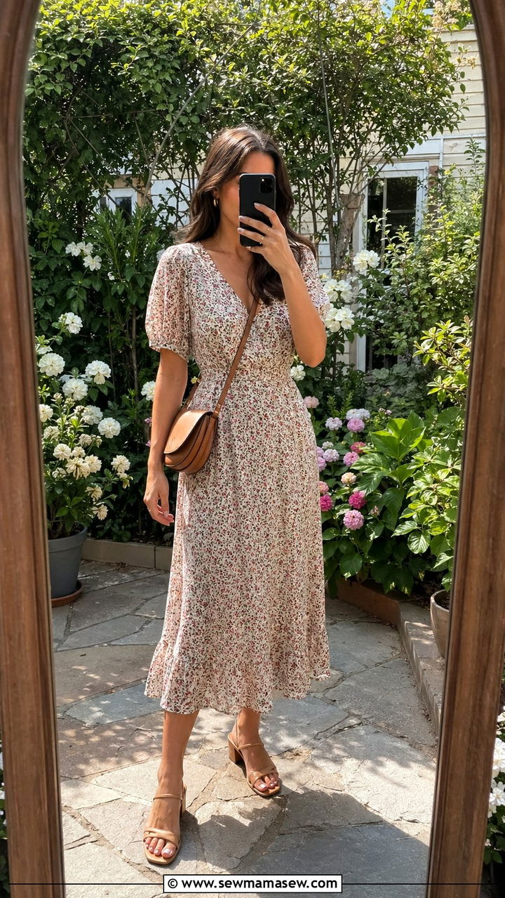 Printed Midi Dress with Strappy Sandals - 35 Petite outfits for women over 40