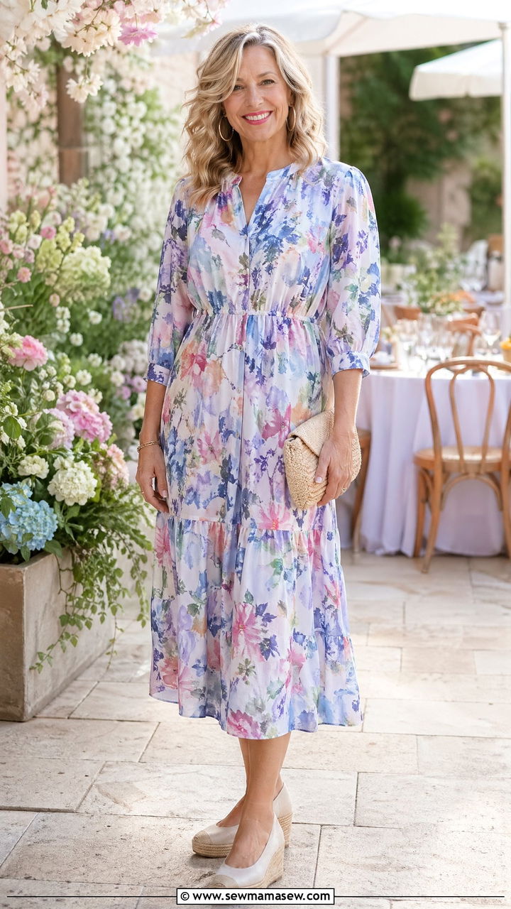 Printed Midi Dress with Wedge Espadrilles - 35 Spring outfits for women over 50