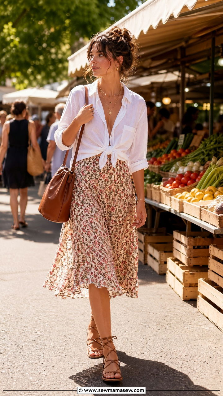 Printed Midi Skirt With A Knotted Shirt - 35 summer french girl outfit ideas