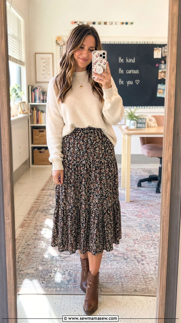 Printed Midi Skirt With A Solid Sweater - 35 Cute work outfits for women