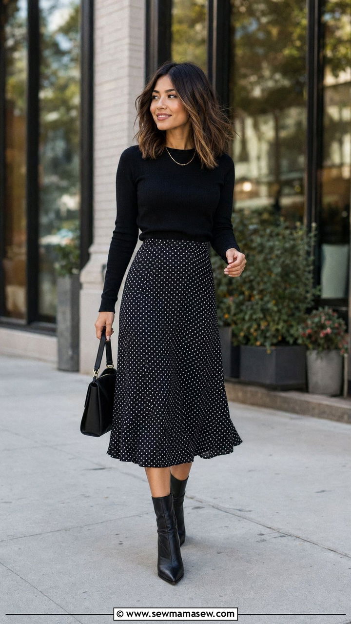 Printed Midi Skirt With Solid Knit Top - 30 Best skirts for petite women