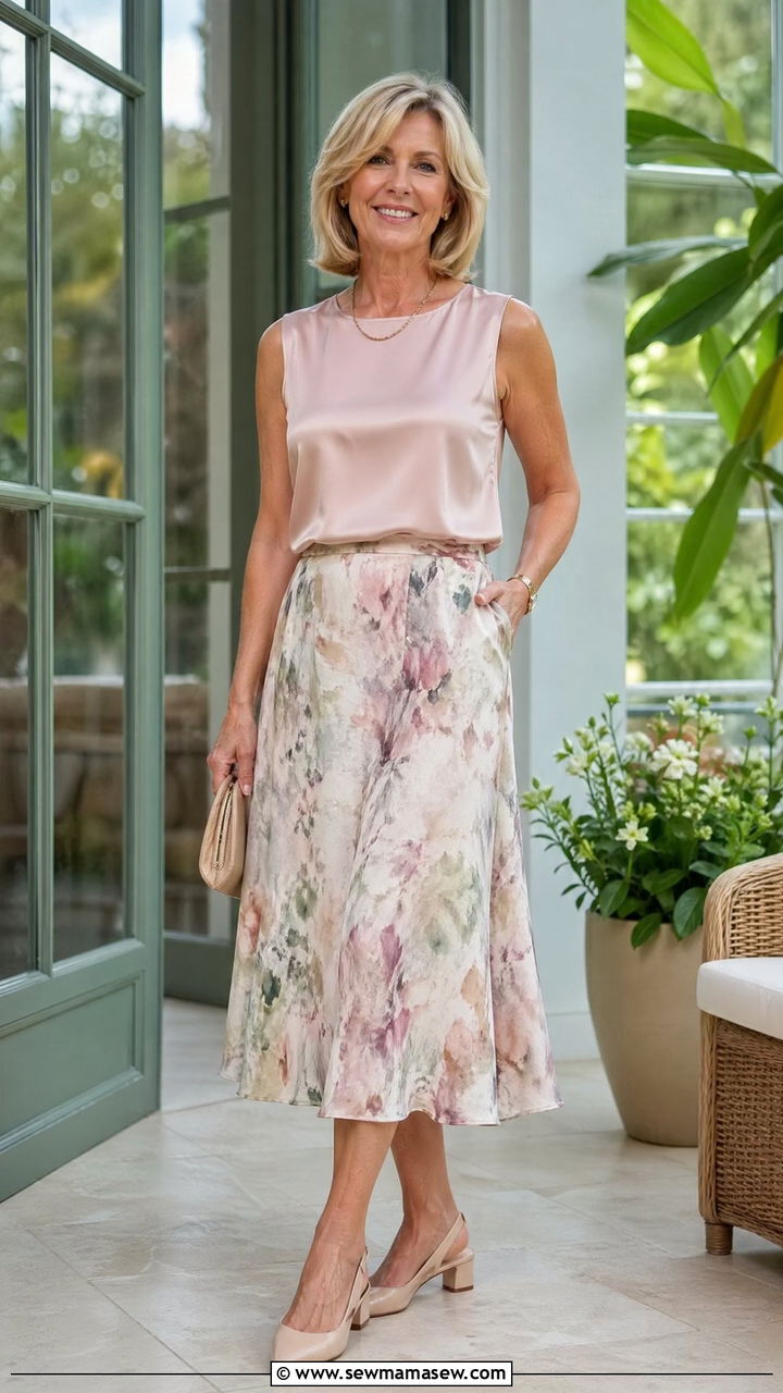 Printed Midi Skirt With Solid Silk Top And Slingback Heels - 35 Classy outfits for women over 50