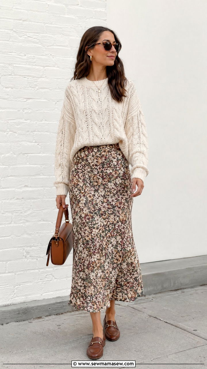 Printed Midi Skirt With a Chunky Knit and Loafers - 40 trendy outfits for women
